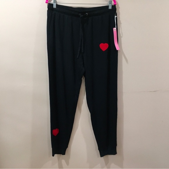 Jane&Delancey Women's Large Jogger Pants Black Pockets Hearts Valentine’s New - Picture 1 of 6